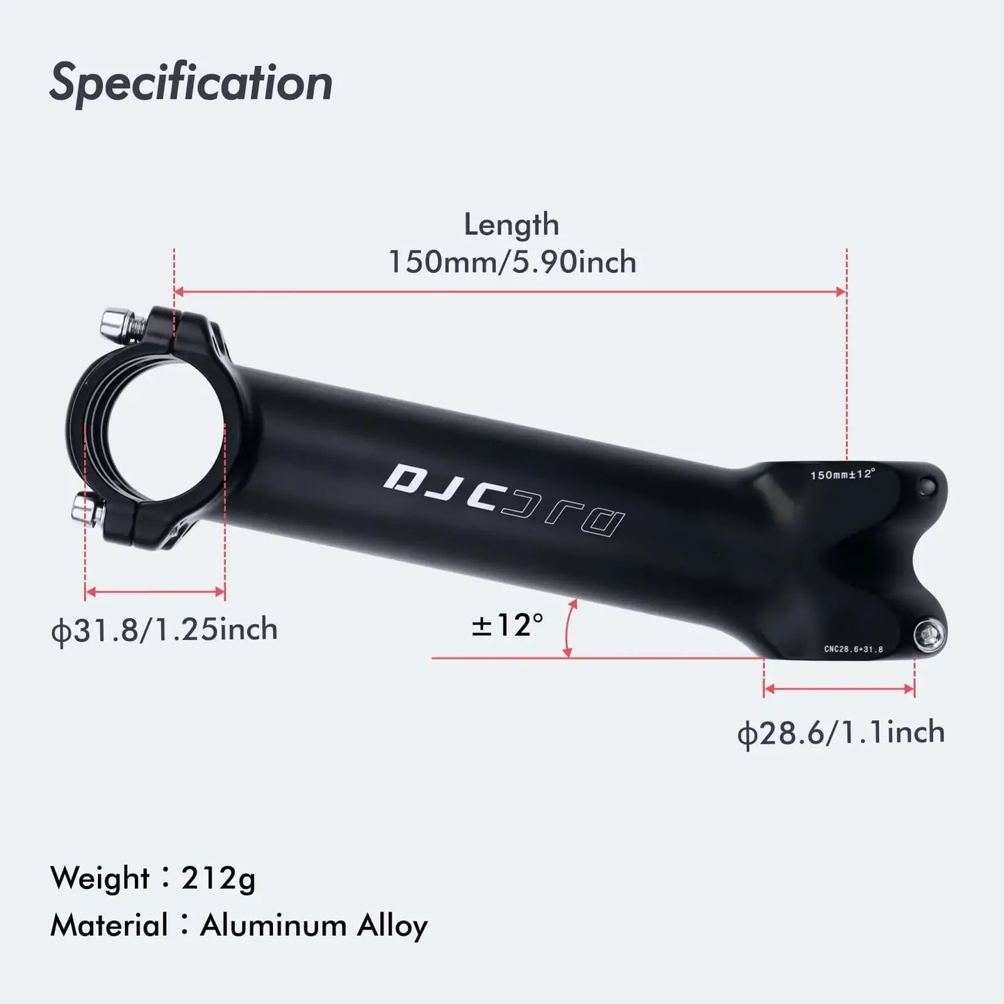 DJC Super Long Bike Stem 150mm 12 Degree - 31.8mm Clamp 1-1/8" Fork Road/MTB/Gravel/E-Bike