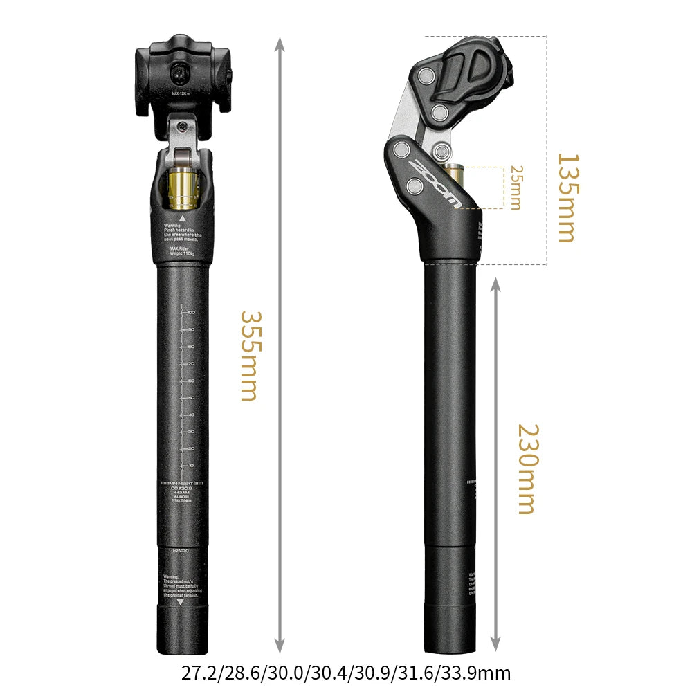 4-Link Suspension Seatpost 27.2-33.9mm - Adjustable Travel 350mm MTB/Ebike Comfort Seat Tube