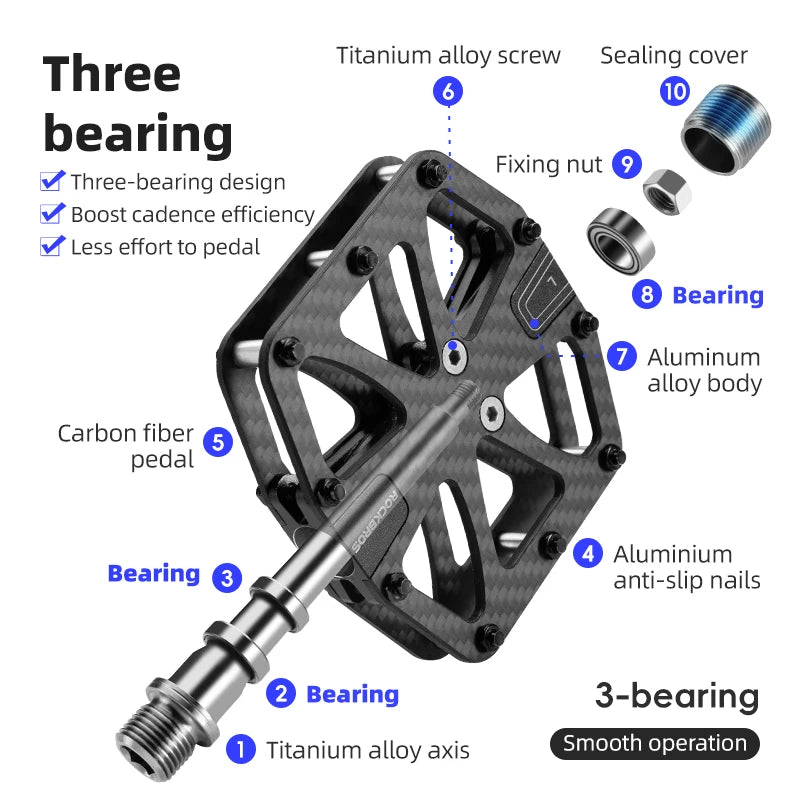 ROCKBROS Carbon Fiber Bike Pedals - Ultralight 3 Bearings Road/MTB