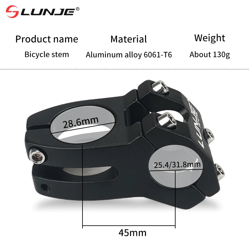 LUNJE CNC Power Short Stem 45mm - Aluminum MTB/Road Bike Handlebar Riser 25.4/31.8mm Clamp