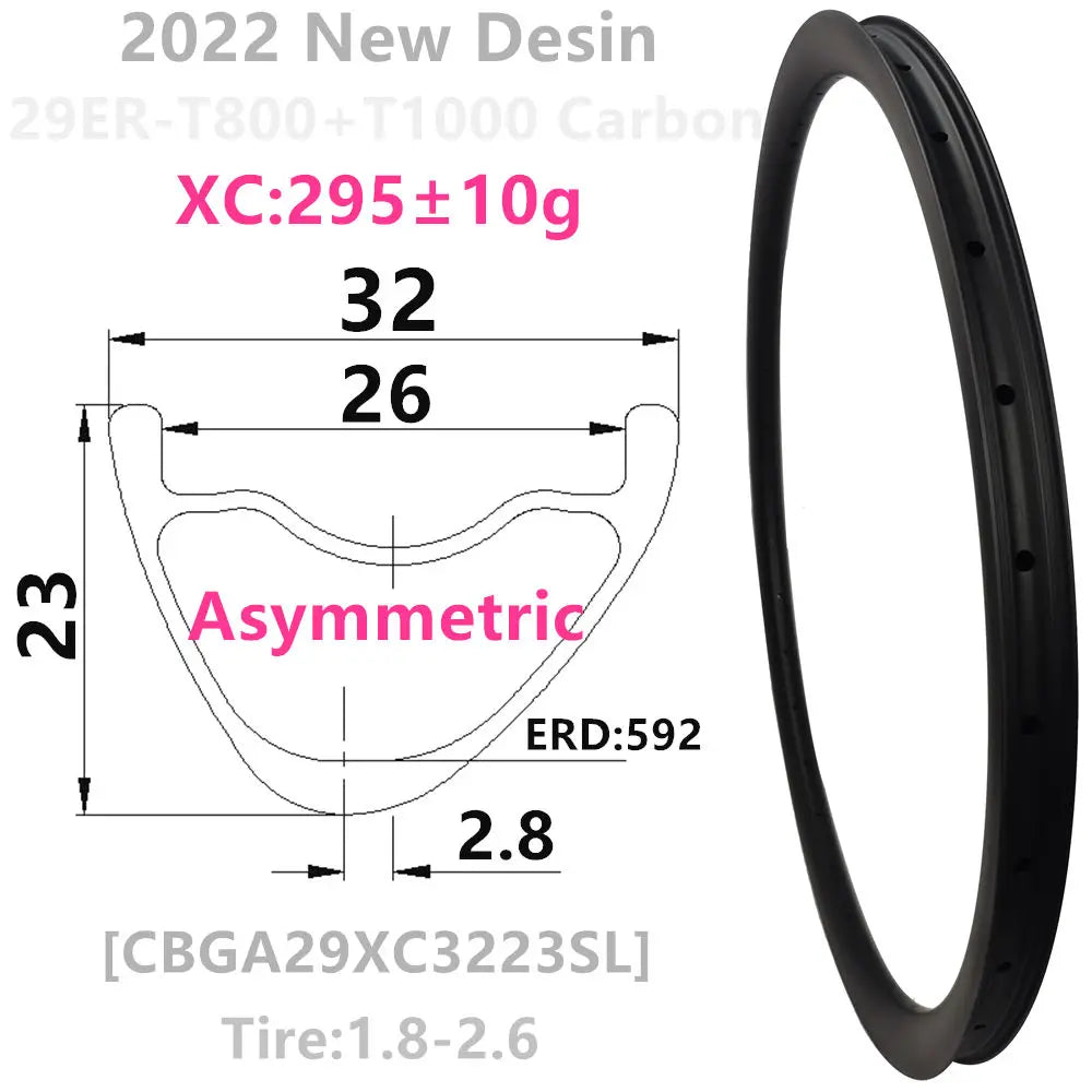 Carbonbeam 2026 New Design 300g 29er Carbon MTB Rim - Asymmetric Depth 23mm Wide 28/30/32mm Hookless Tubeless