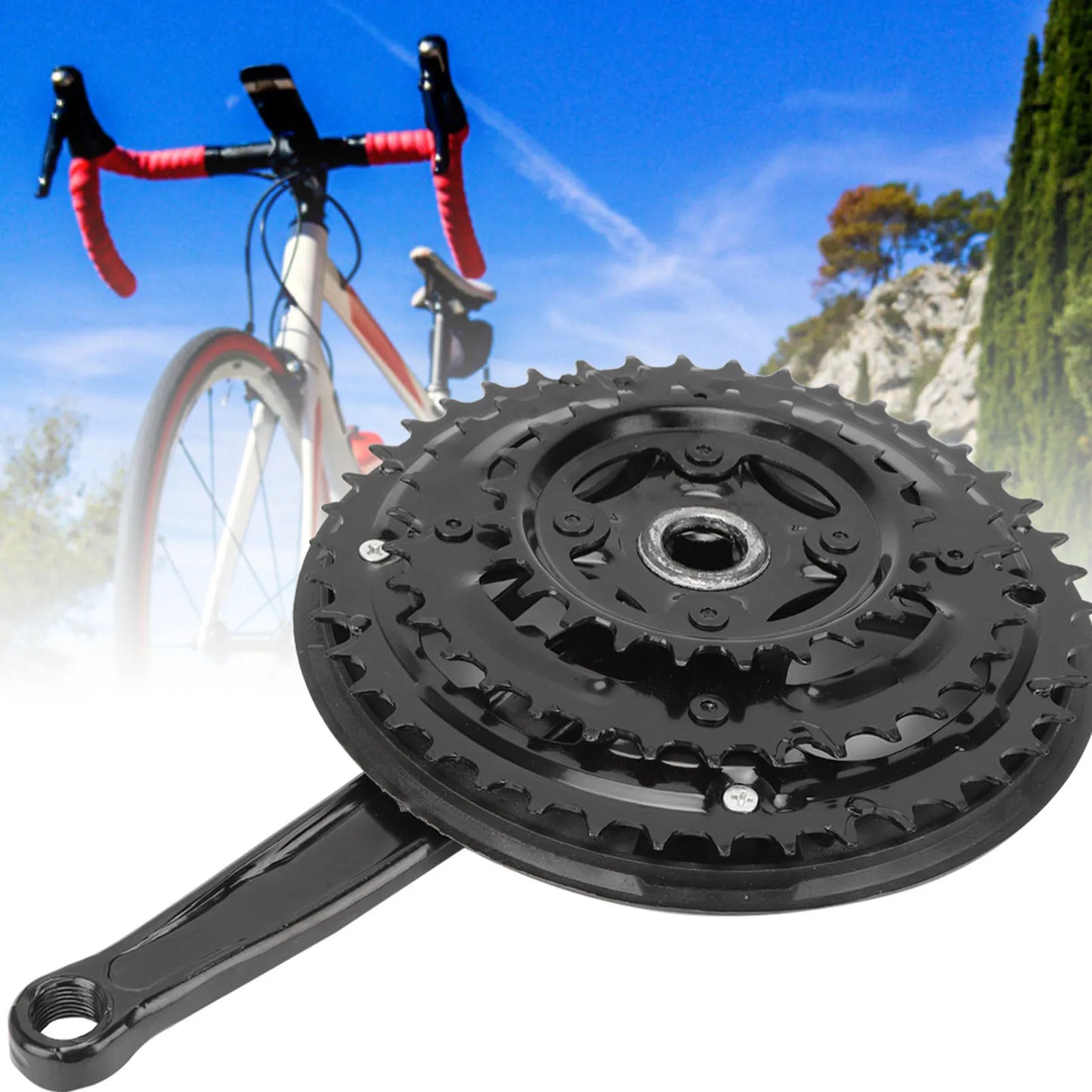 Qiilu High Carbon Steel Crankset 24-34-42T - With Chain Cover Variable Speed MTB/Road Bike Crank