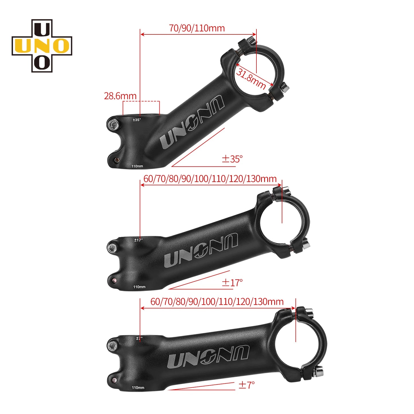 UNO Bicycle Stem 7/17/35 Degree - CNC Aluminum 28.6/31.8mm Clamp 60-130mm Length Road/MTB/Gravel Bike