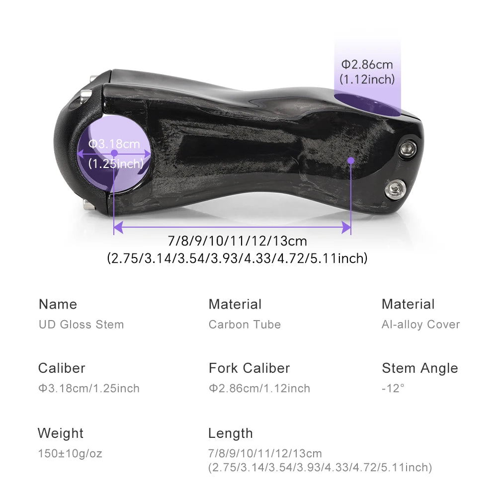 TOSEEK Carbon Stem 12° - Ultralight 31.8mm Clamp 70-130mm Length MTB/Road Bike Handlebar Stem Black Gloss