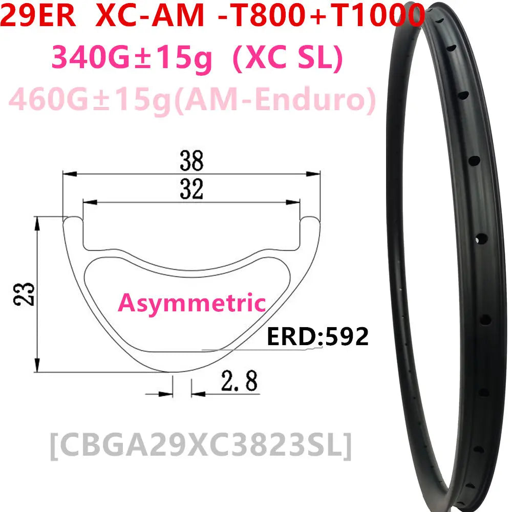 Carbonbeam 2026 New Design 300g 29er Carbon MTB Rim - Asymmetric Depth 23mm Wide 28/30/32mm Hookless Tubeless